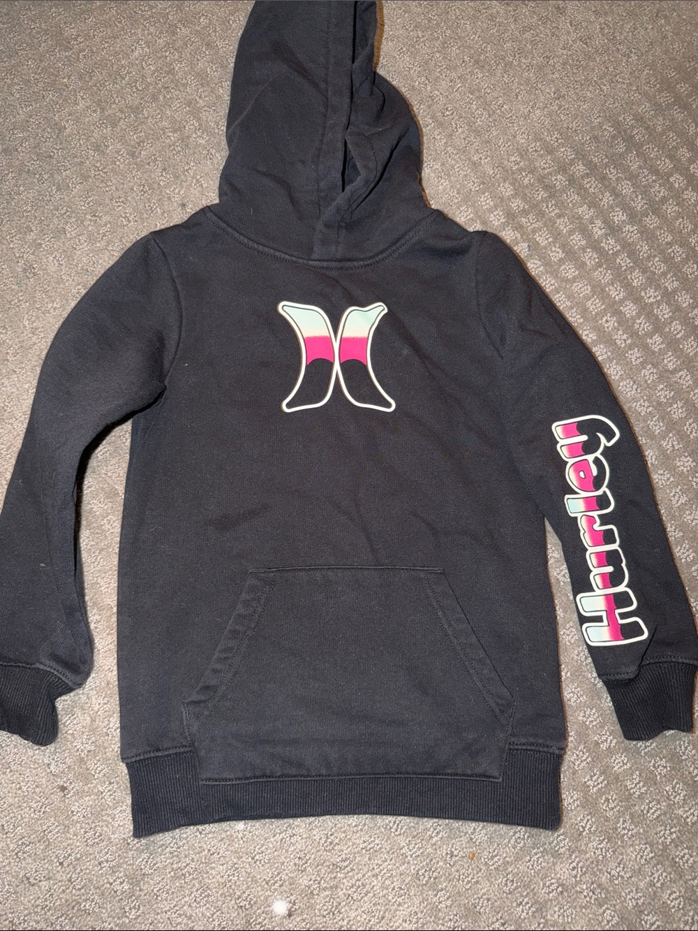 Hurley Black Hoodie with Pink and Teal Logo